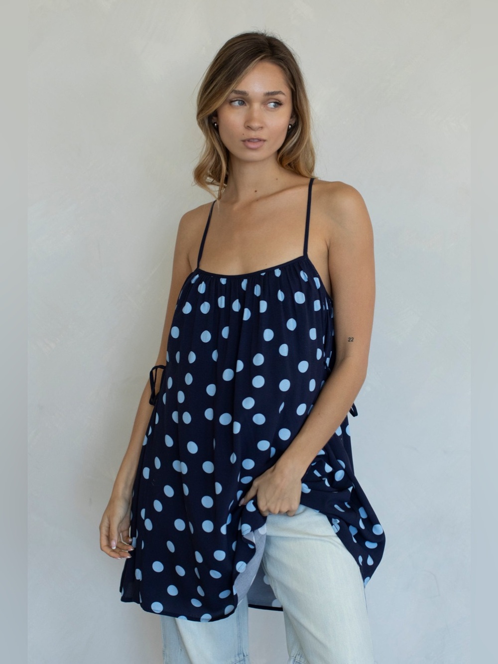 Things Between Lulu Mini Dress, navy with  light blue polka dots, size medium